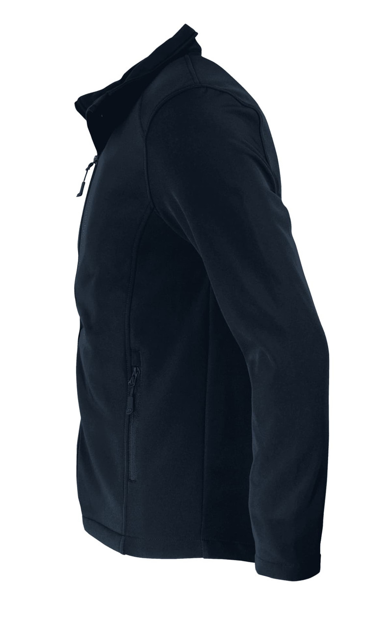 A black soft shell jacket with a zippered front and side pockets displayed from a side view.