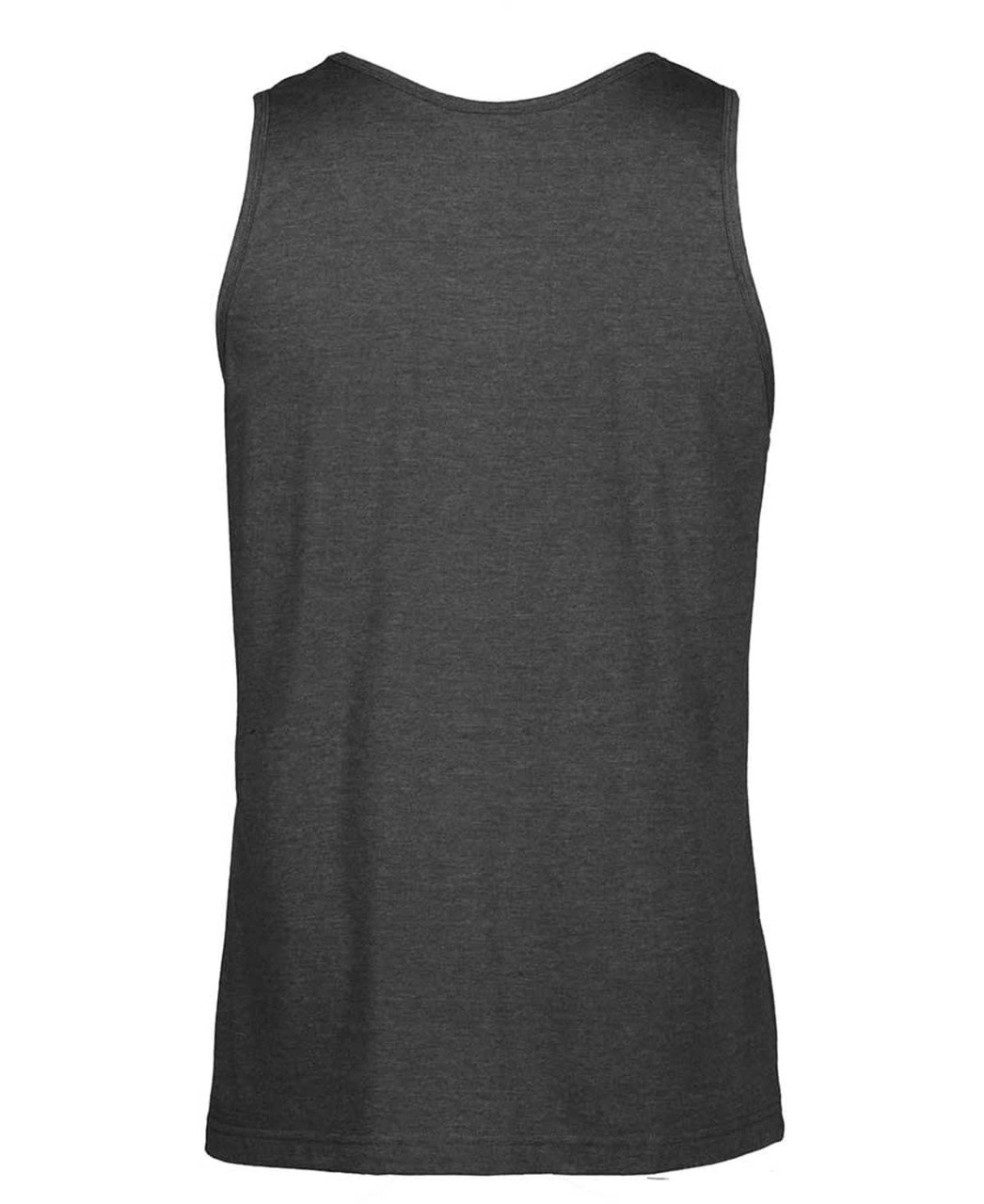 A grey singlet with a plain back and a branding logo at the neckline.
