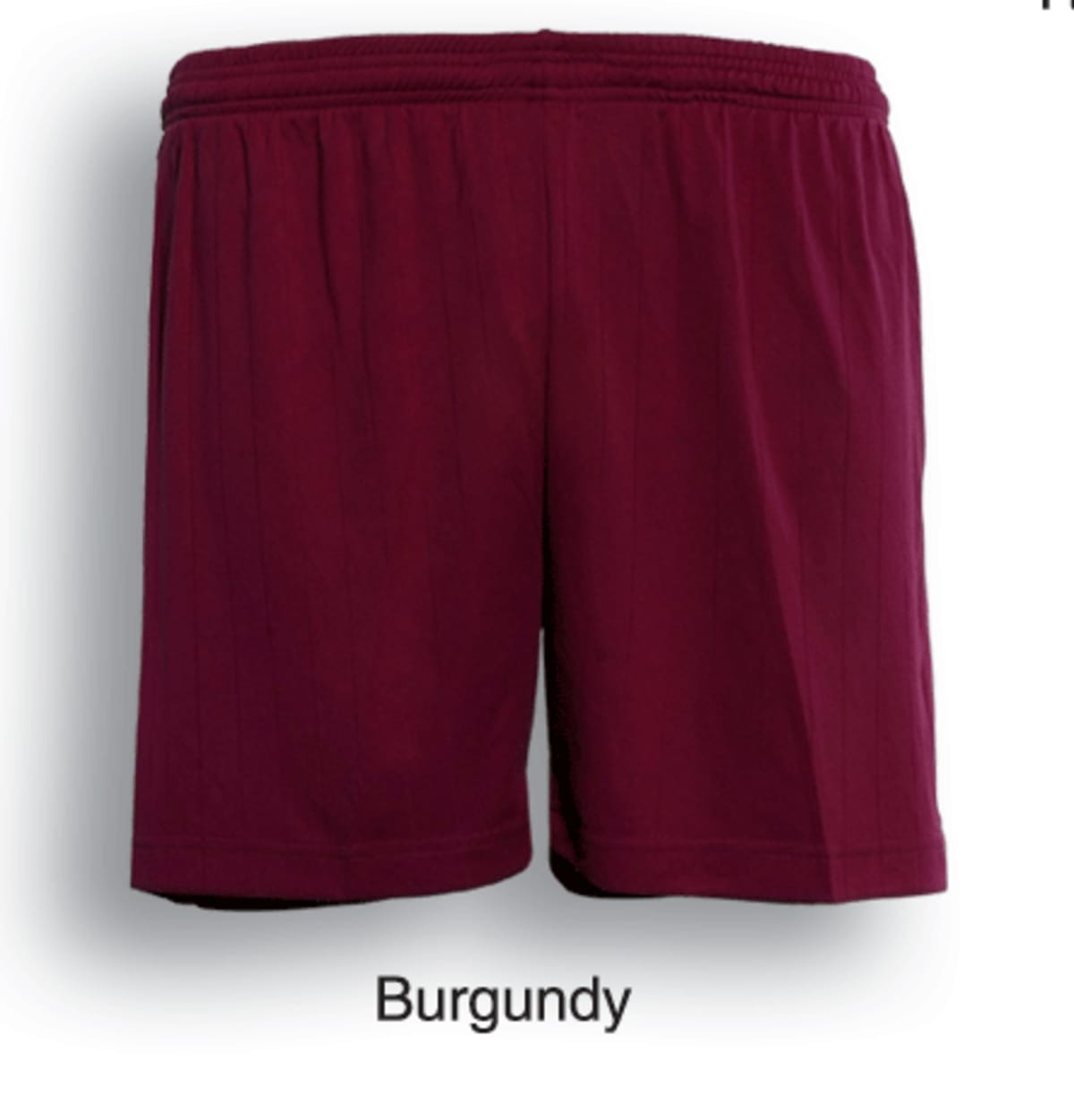 Burgundy unisex sports shorts with an elastic waistband and a plain design, featuring a logo.