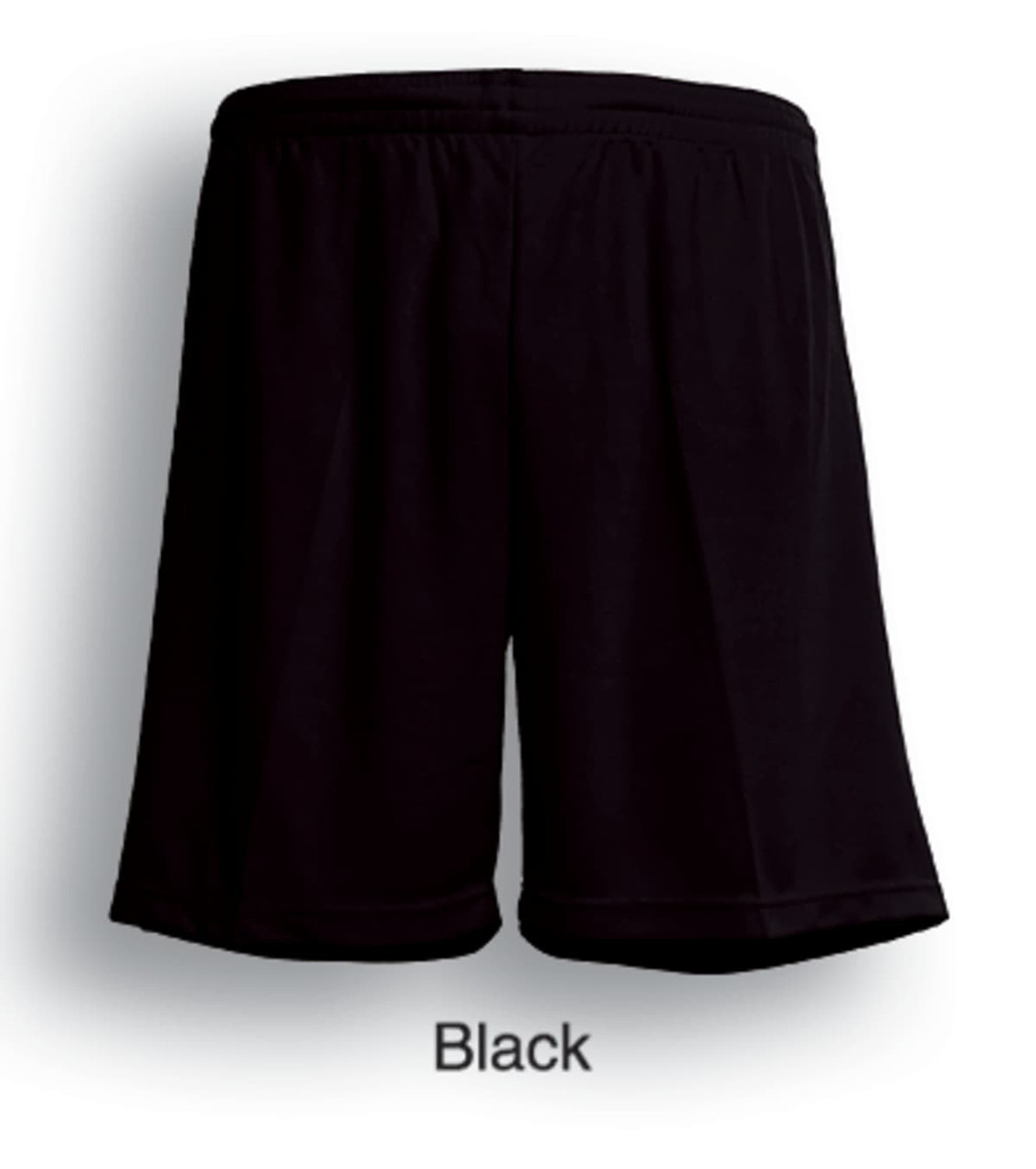 Black unisex football shorts with an elastic waistband, featuring a logo on the back.