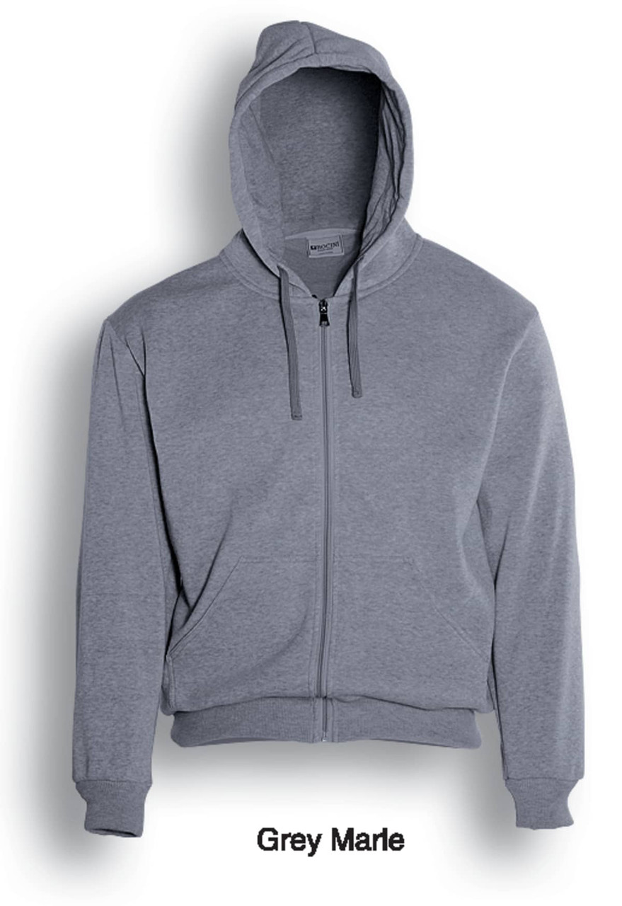 A grey marle unisex zip-through fleece hoodie with a hood and front zip closure. It has a logo present.