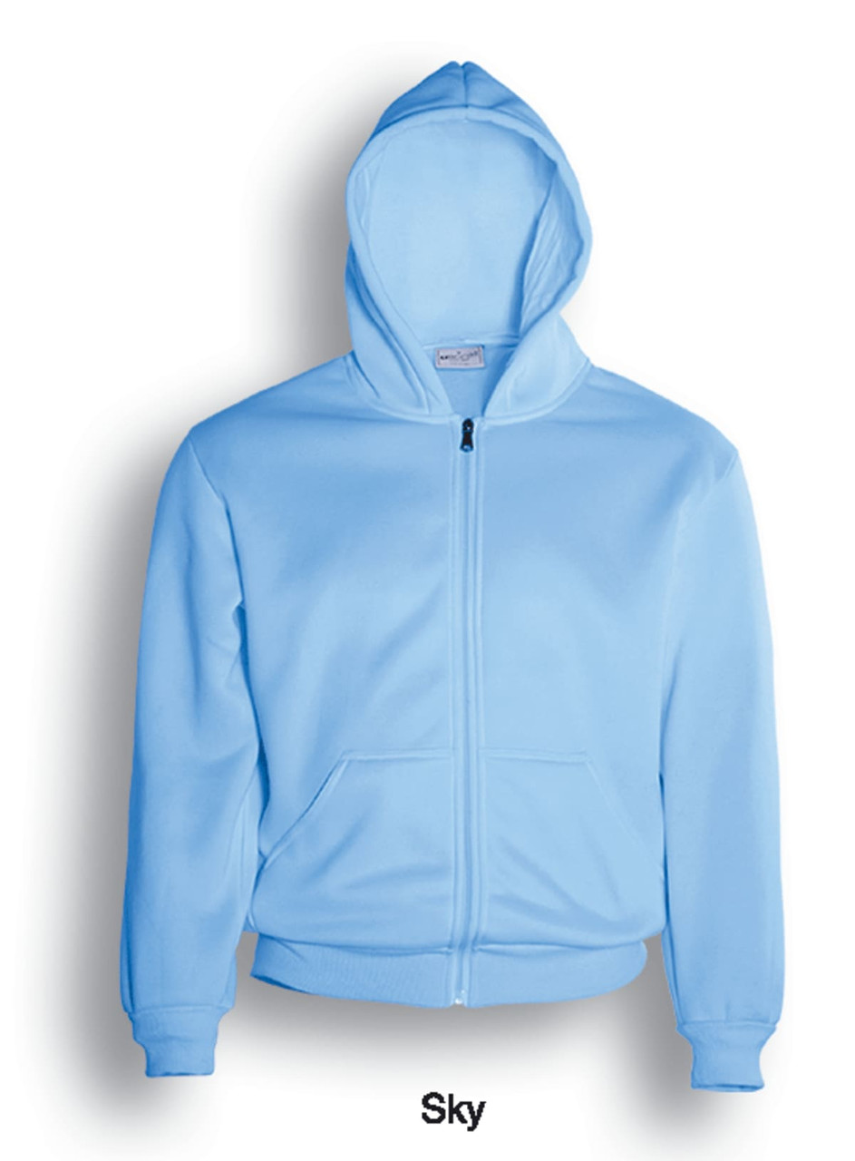 A sky blue unisex fleece hoodie with a zip-through front and a hood, featuring a front pocket.