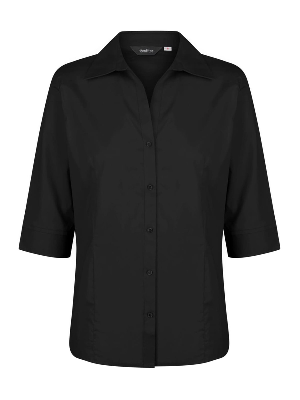 A black ladies' 3/4 sleeve button-up shirt featuring a collar and front button closure.