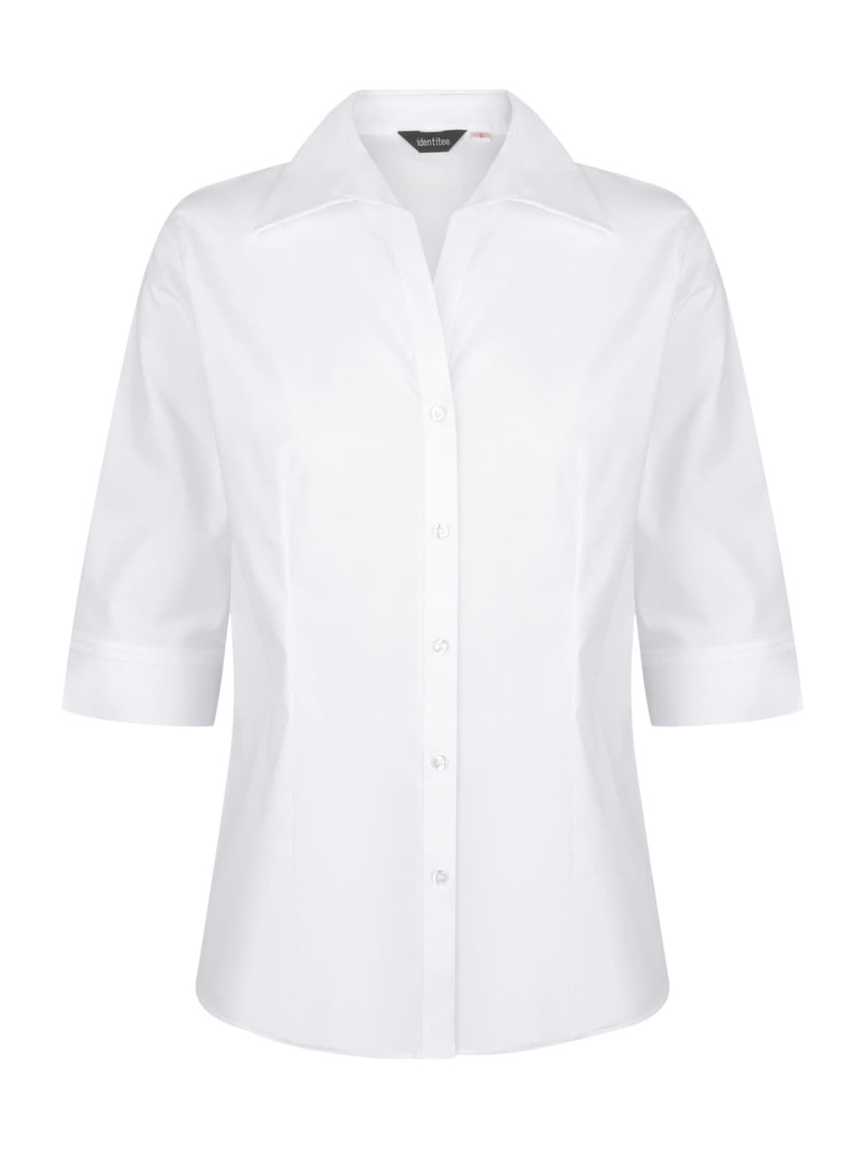 A white button-up shirt with 3/4 sleeves and a collar, featuring a logo.