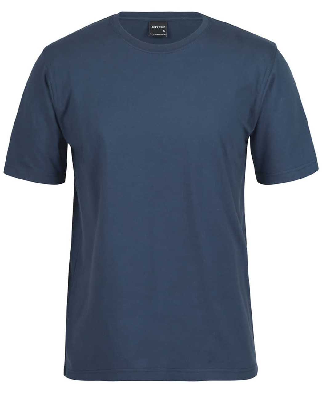 A navy blue t-shirt with short sleeves and a round neckline, featuring a logo on the inside tag.