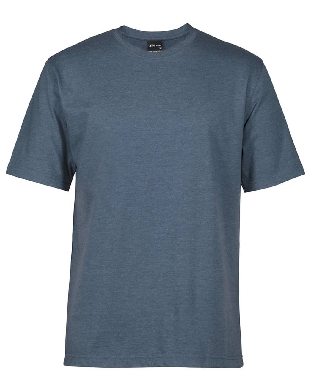 A grey T-shirt with short sleeves and a round neck, featuring a logo on the label.
