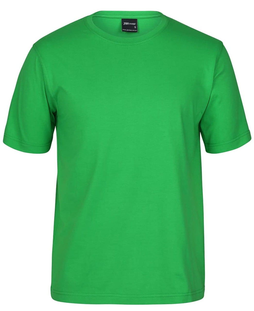 A green t-shirt with short sleeves, featuring a simple design and a logo on the label.