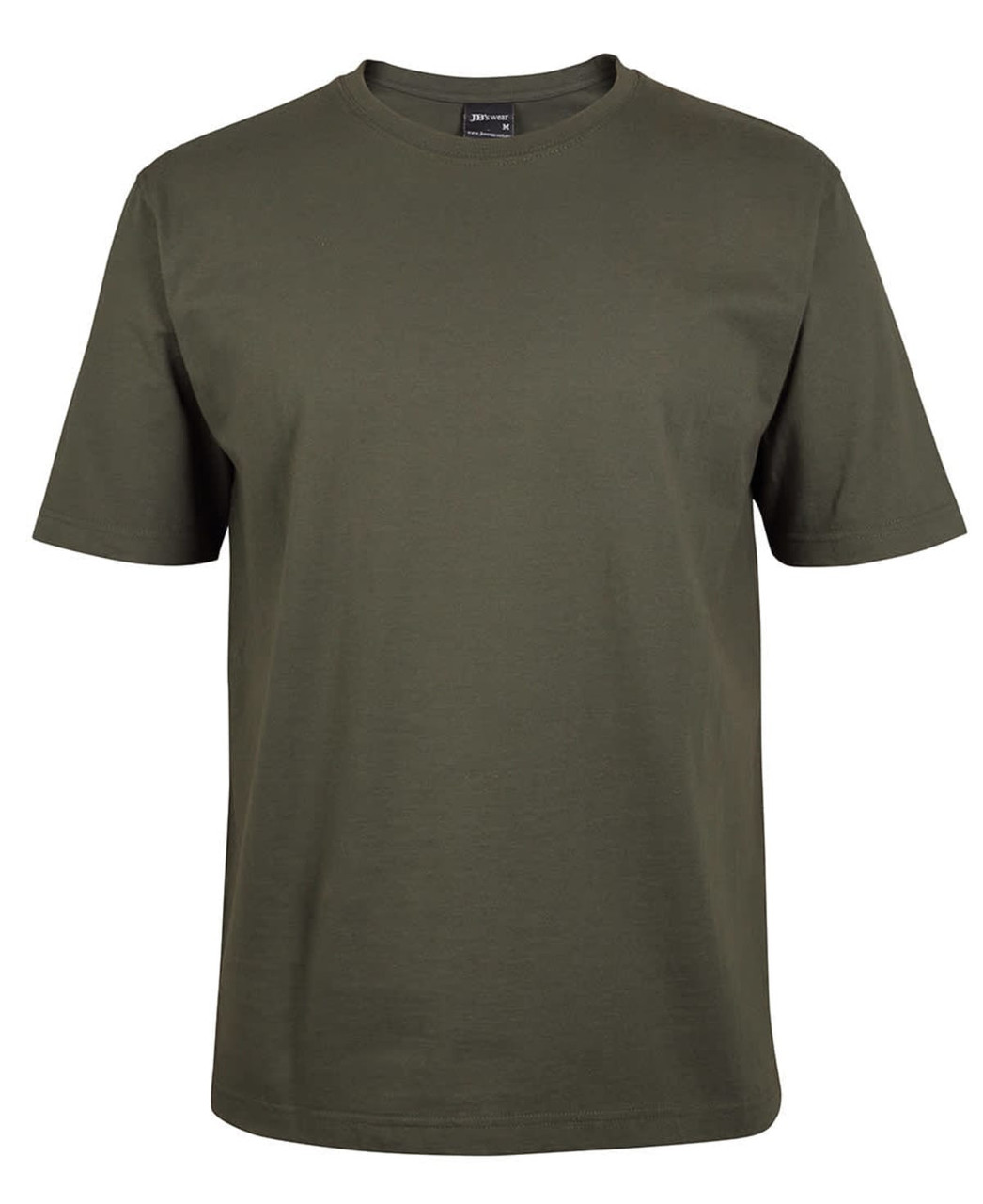 An olive green T-shirt featuring short sleeves and a round neckline, with a logo on the label.