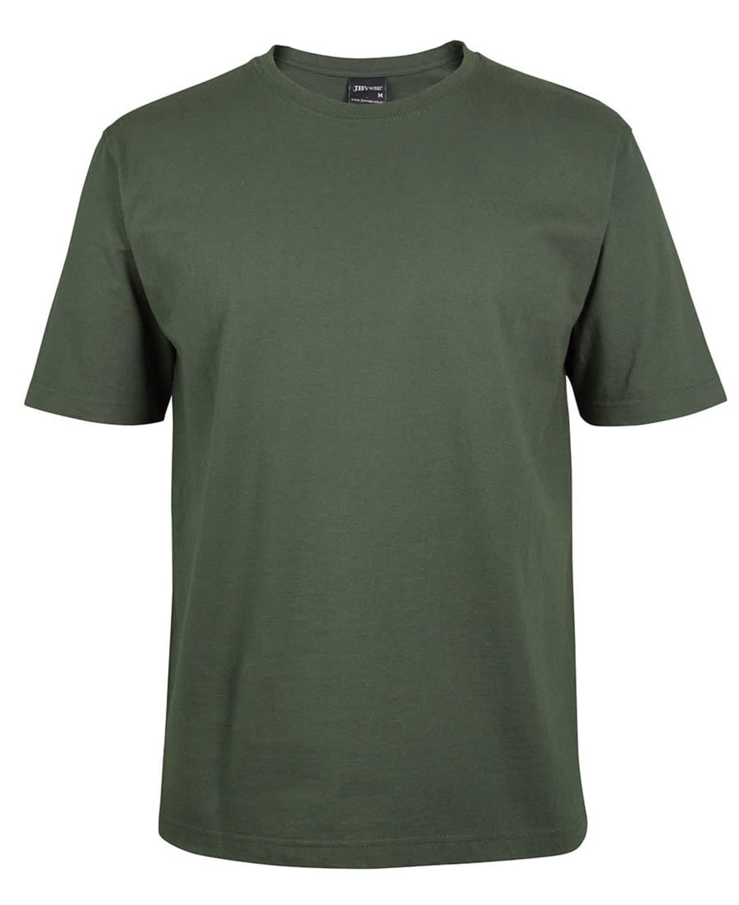A green T-shirt with short sleeves and a round neck, featuring a logo on the label.