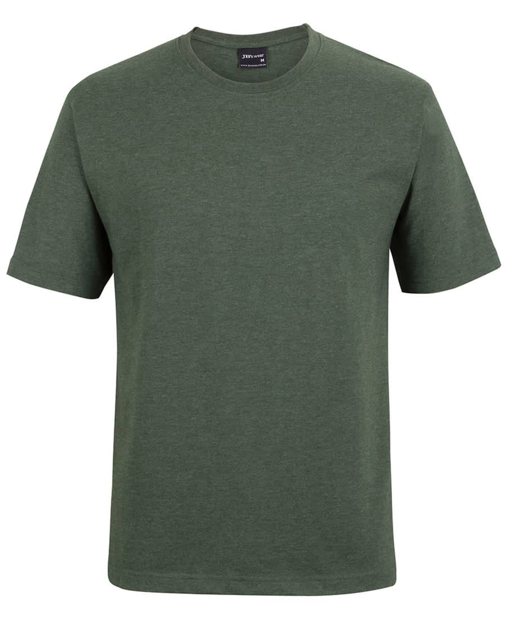 A green T-shirt featuring short sleeves and a round neckline, with a branding logo on the label.