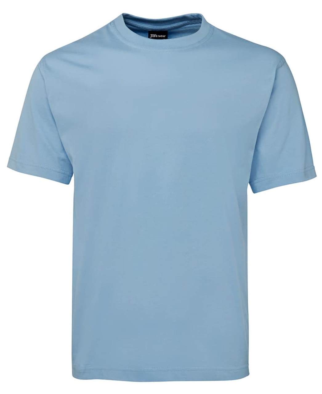 A light blue T-shirt with short sleeves and a crew neck, featuring a logo on the label.