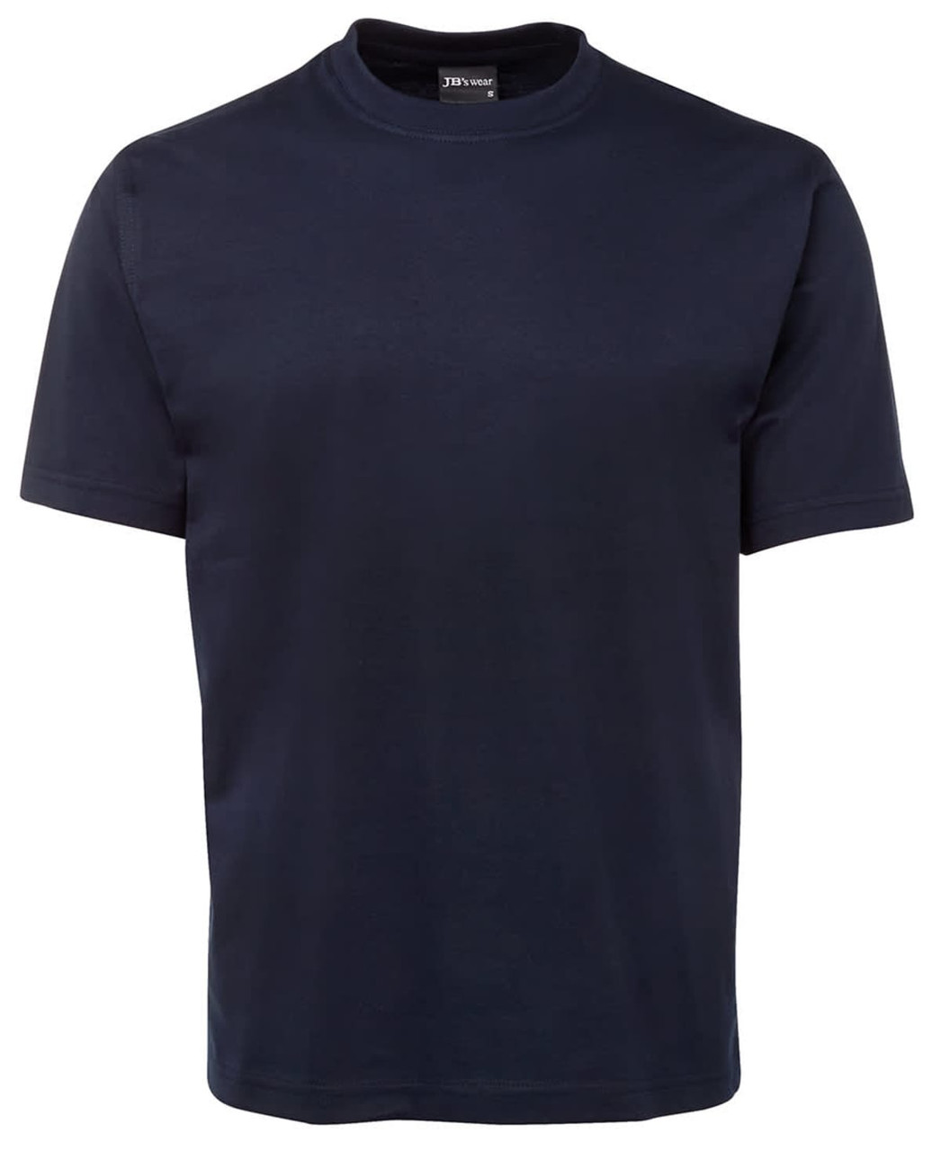 A navy blue T-shirt with a round neckline and short sleeves, featuring a branding logo.
