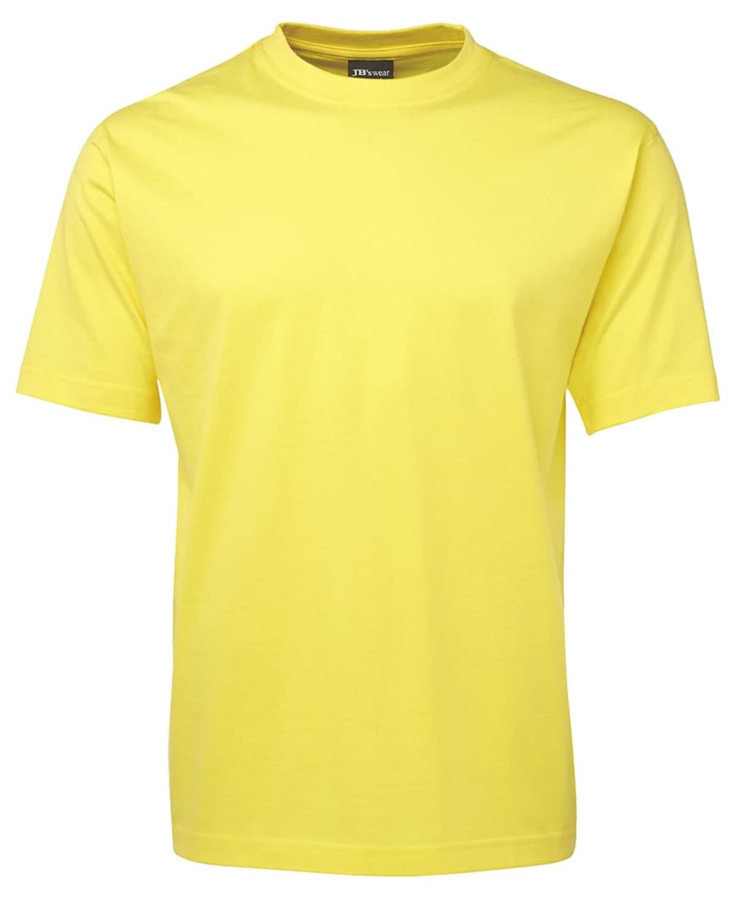 A yellow T-shirt with a crew neck and short sleeves, featuring a logo on the neckline.