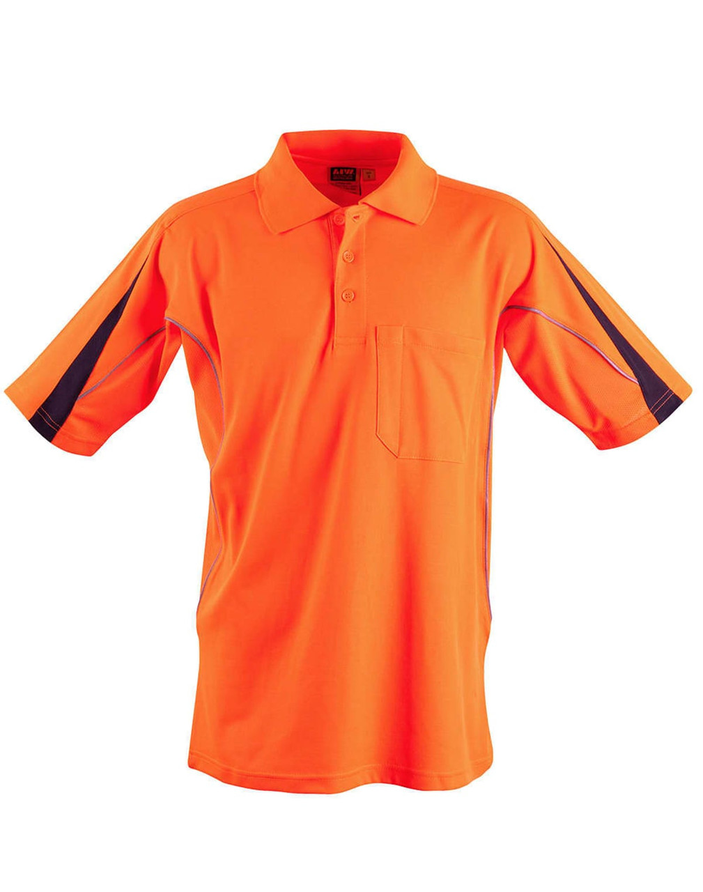 An orange hi-vis short-sleeve polo shirt with black detailing and a chest pocket. Features a logo on the collar.