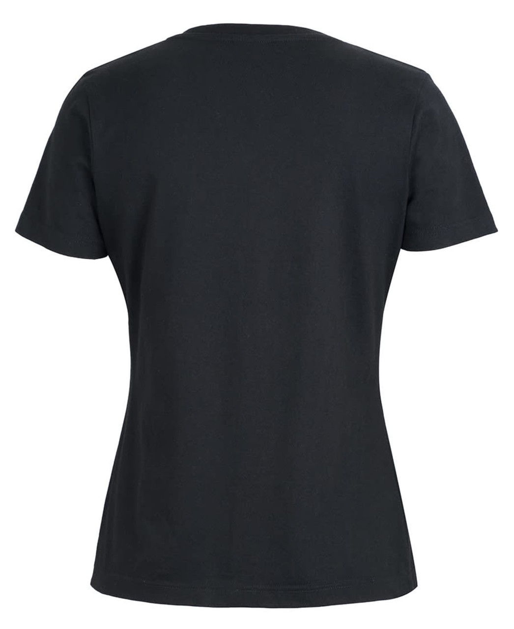 A black ladies' V-neck t-shirt featuring a fitted silhouette and short sleeves. It has a logo on the back.