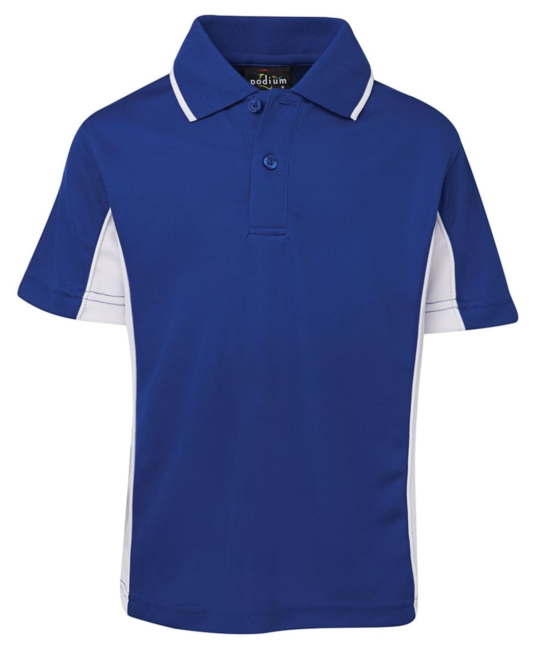 A blue and white polo shirt featuring a collar, short sleeves, and a logo on the chest.