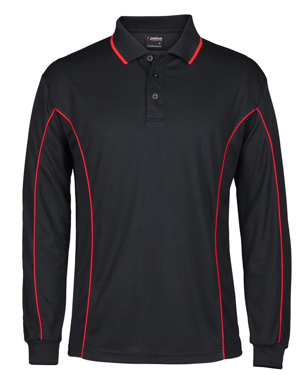 Long sleeve black polo shirt with red piping and a collar, featuring a logo on the chest.