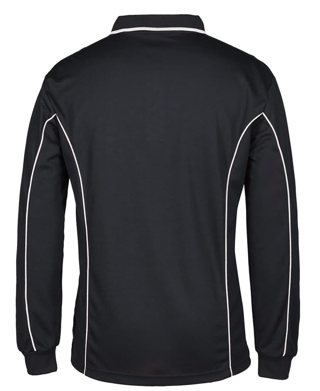 A black long-sleeve polo shirt with white piping details and a collar, featuring a logo on the front.