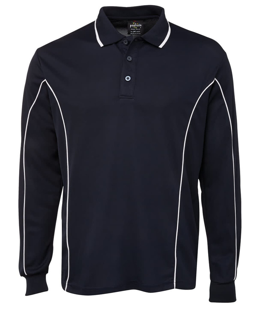 A navy long-sleeve polo shirt featuring white piping and a classic polo collar. It includes a logo on the chest.