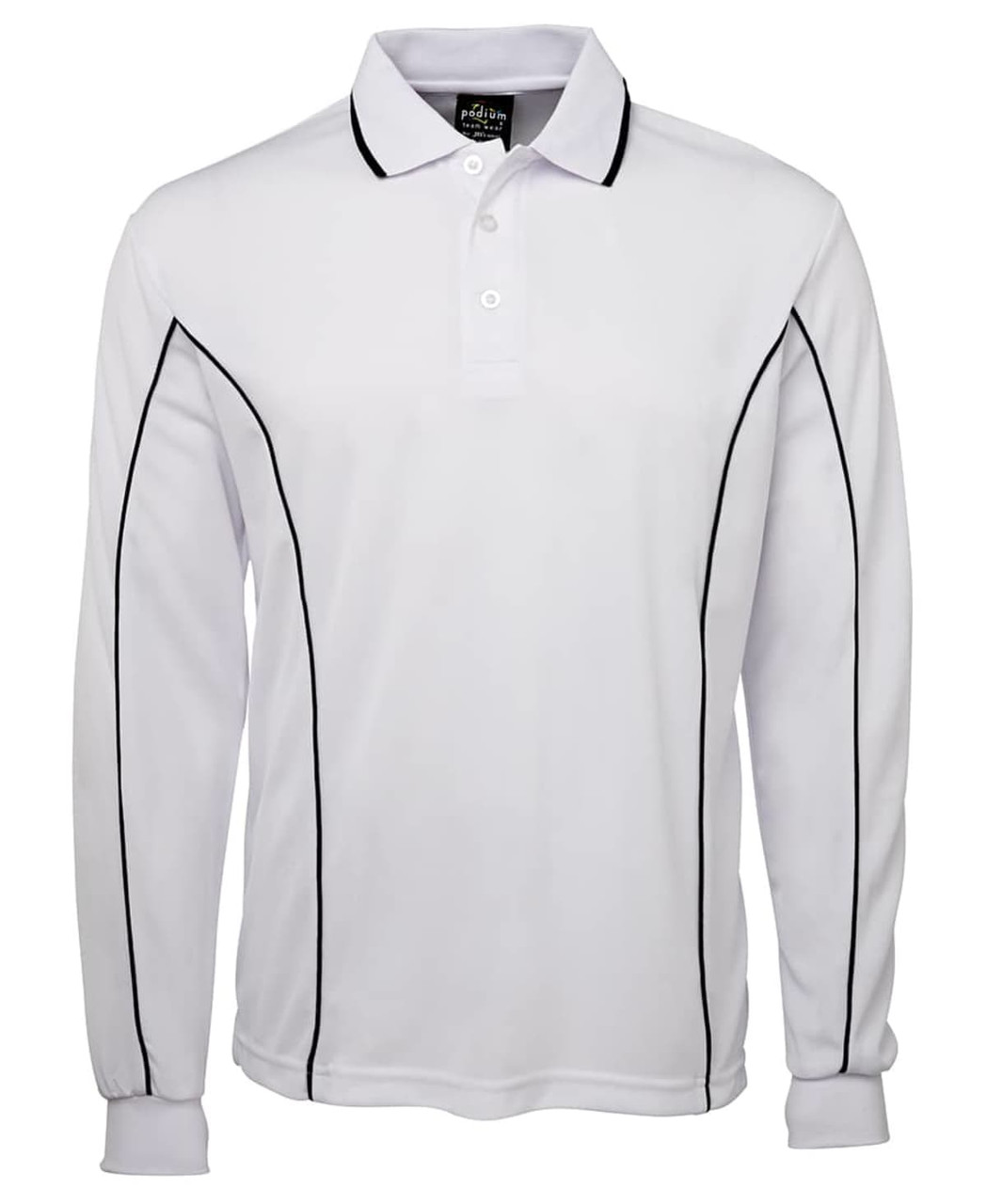 A long sleeve white polo shirt with black piping and a collar, featuring a logo on the chest.