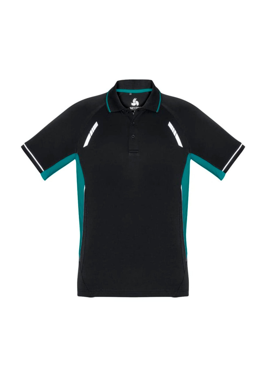 A black and teal men's short sleeve polo shirt featuring contrasting side panels and a logo.