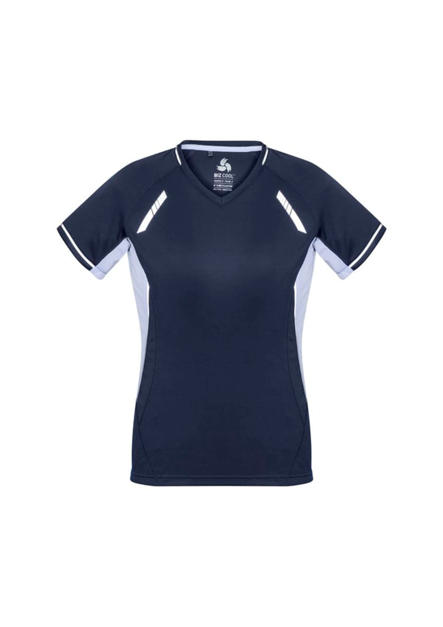 A navy blue women's short sleeve tee with white accents and a logo. Designed for comfort and style.