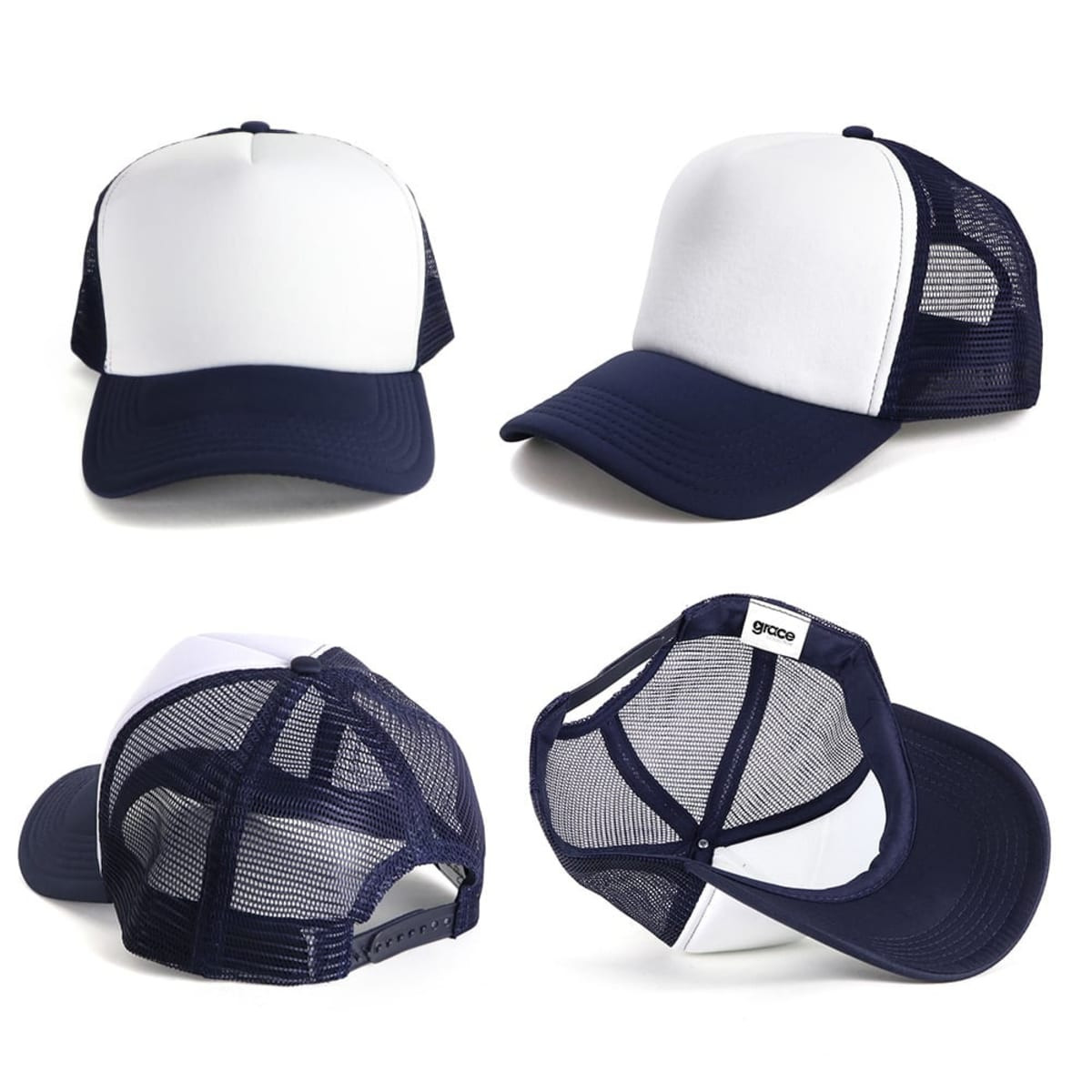 A navy and white Polymesh Trucker Cap featuring mesh panels and a logo on the back.