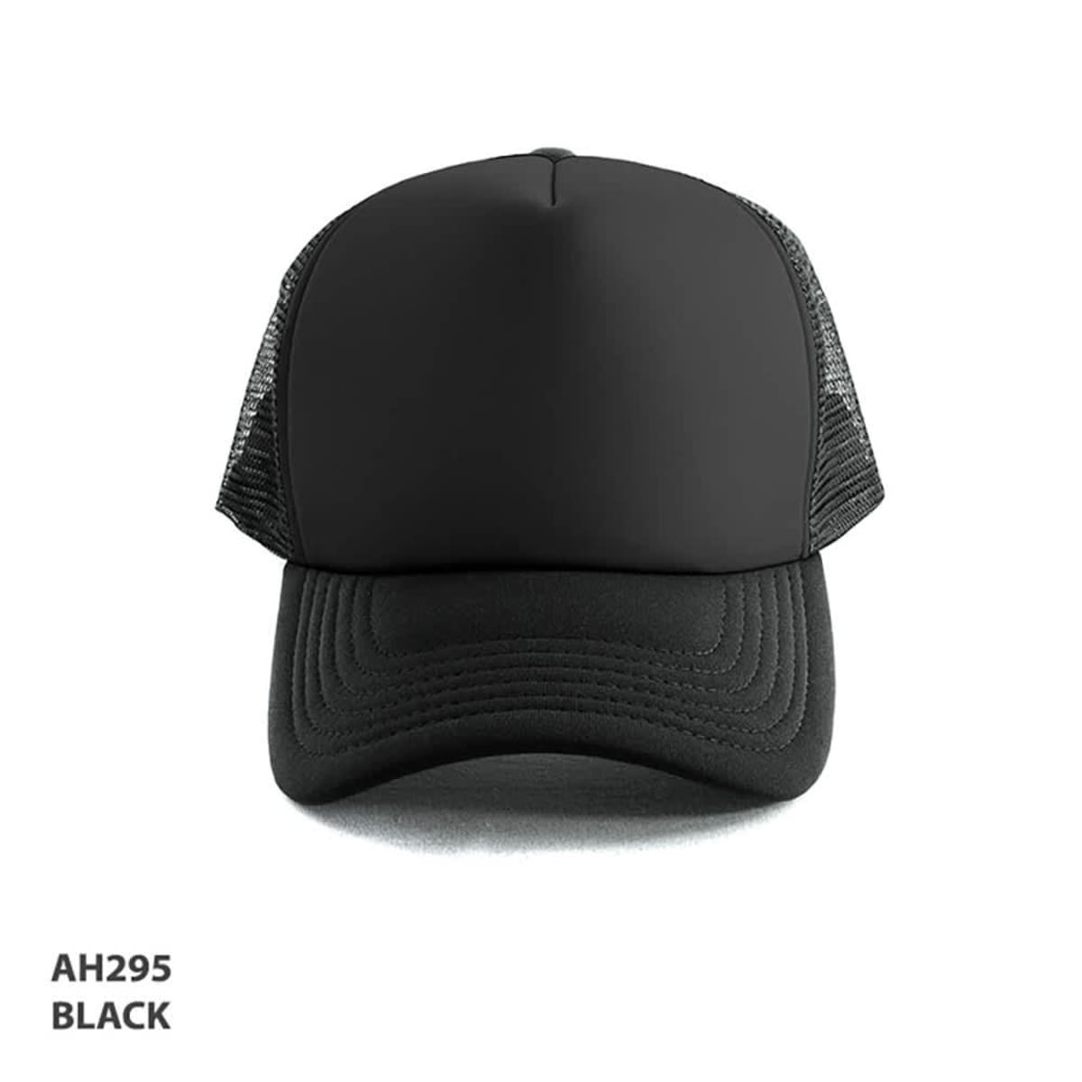 A black Polymesh Trucker Cap with a solid front and mesh back, featuring a logo.