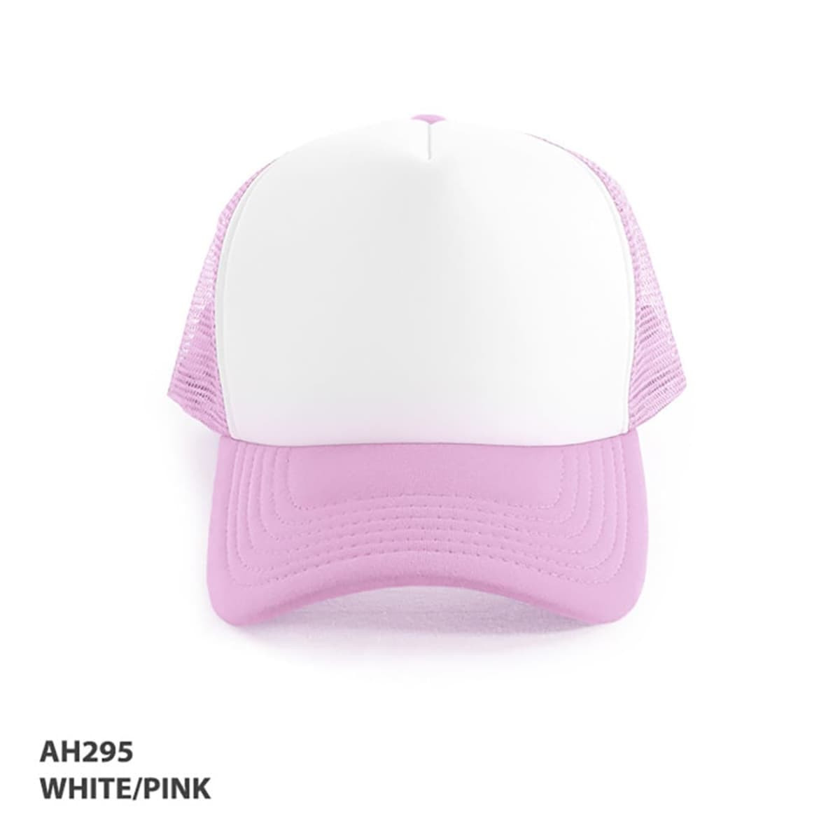 A pink and white Polymesh Trucker Cap with a solid front panel and mesh sides, featuring a logo.