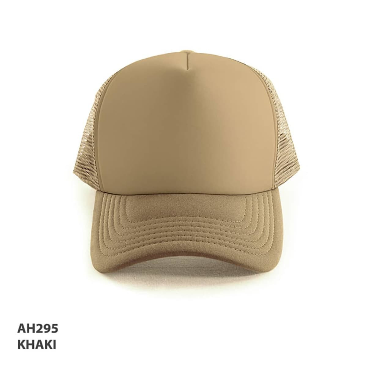 A khaki Polymesh Trucker Cap with a solid front and mesh sides, featuring a branding logo.