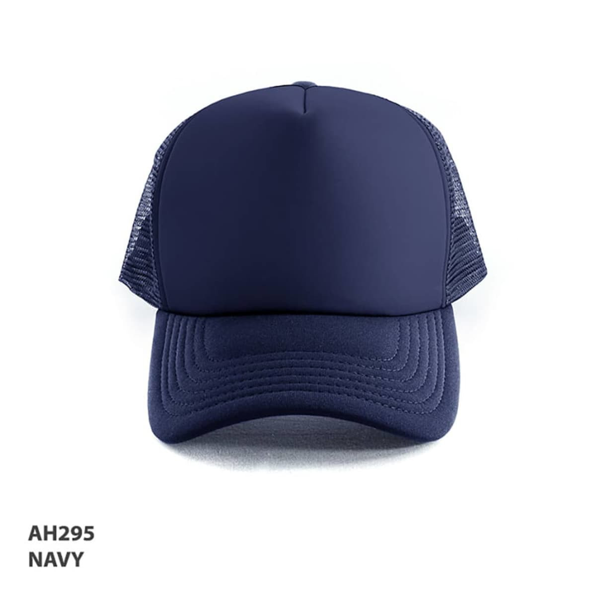 A navy Polymesh Trucker Cap with a solid front and mesh back, featuring a logo on the front.