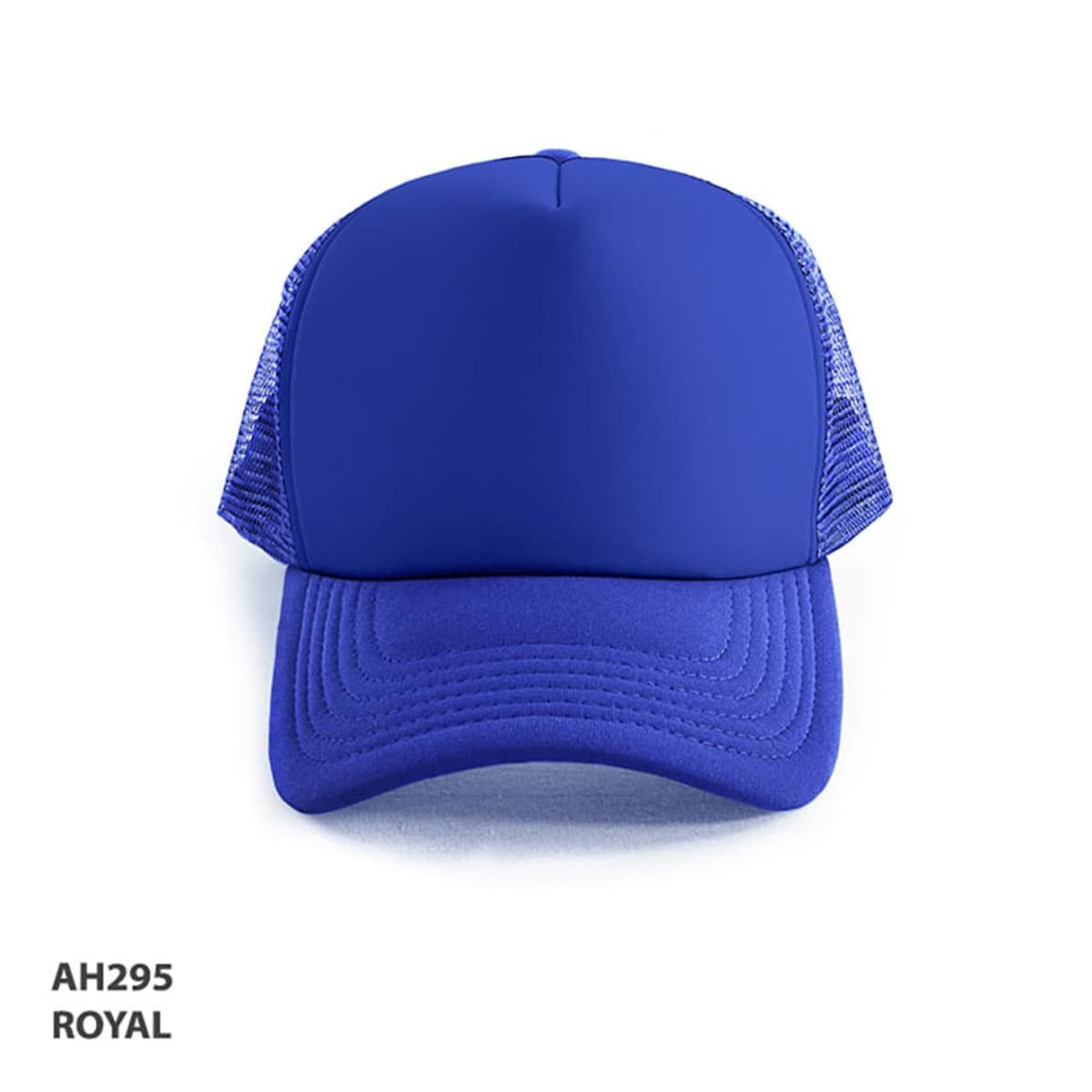 A blue Polymesh Trucker Cap with a solid front and mesh sides, featuring a logo.
