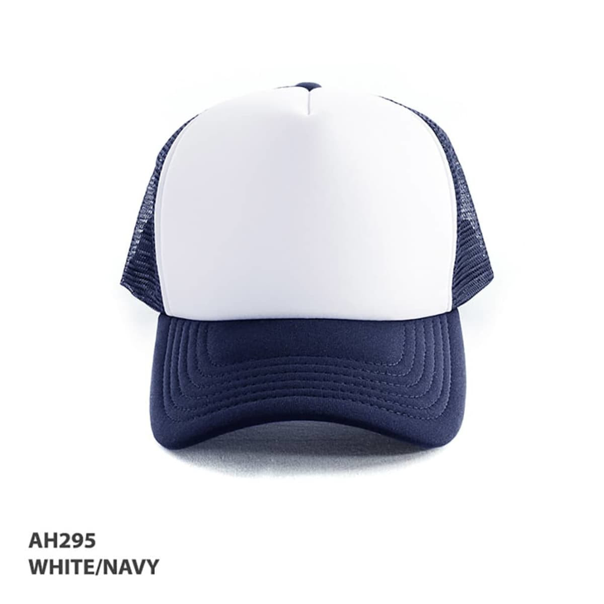 A Polymesh Trucker Cap in white and navy, featuring a solid front panel and mesh sides. Includes a branding logo.