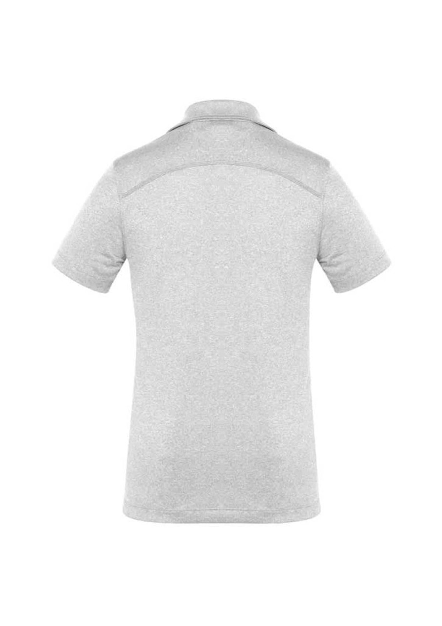 A grey women's short sleeve polo shirt with a classic collar, featuring a logo on the back.