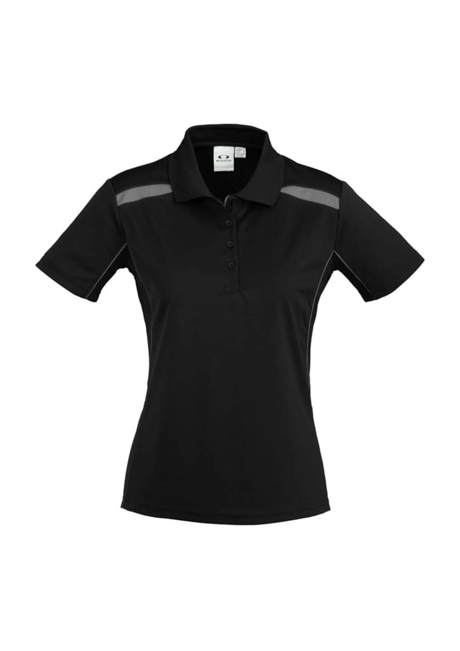 A black women's short sleeve polo shirt with contrasting stripes and a logo on the chest.