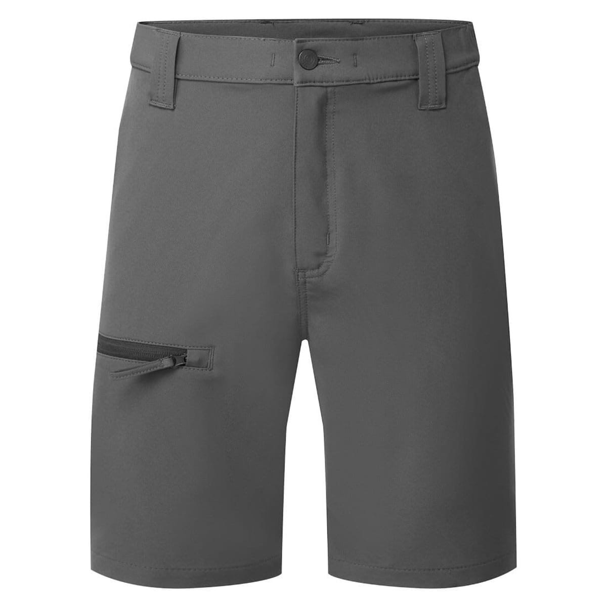 A pair of grey eco-friendly stretch shorts featuring a side zip pocket and a waistband with belt loops.