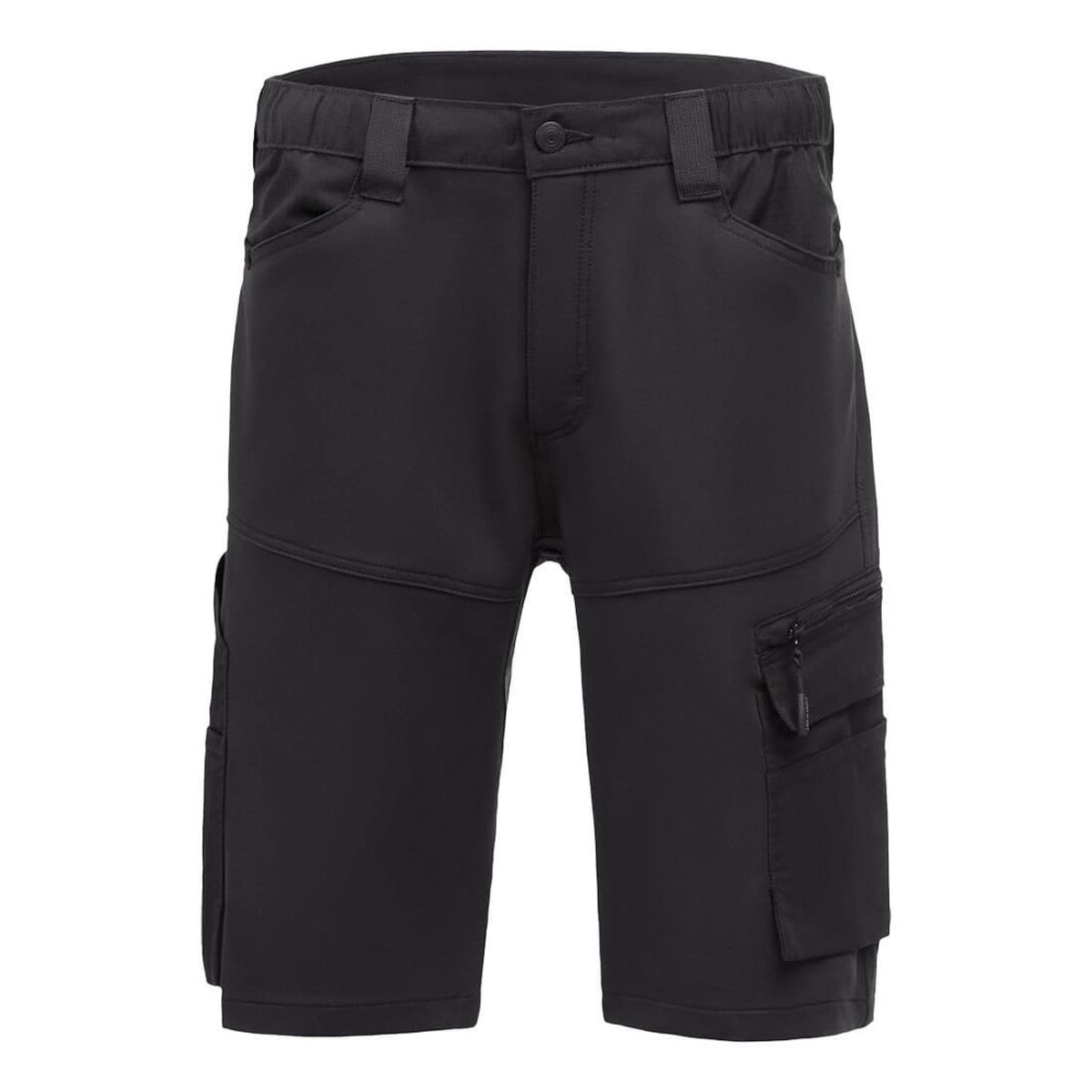 Black trade shorts featuring multiple pockets and a zip closure, designed for practicality and comfort.