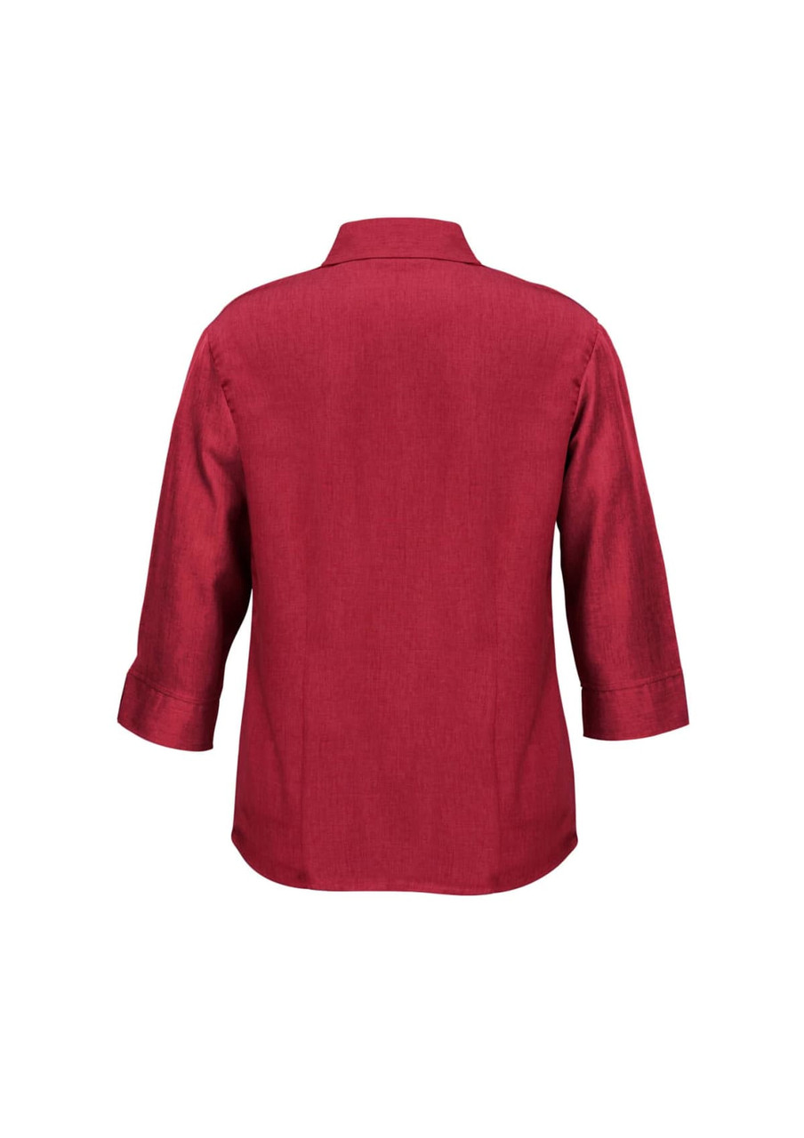 A red women's 3/4 sleeve shirt with a collar and a back view design. It features a logo on the fabric.