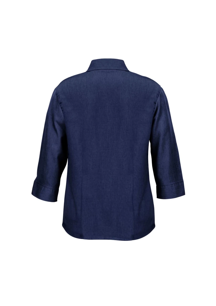 A navy women's 3/4 sleeve shirt with a collar and a logo on the back.