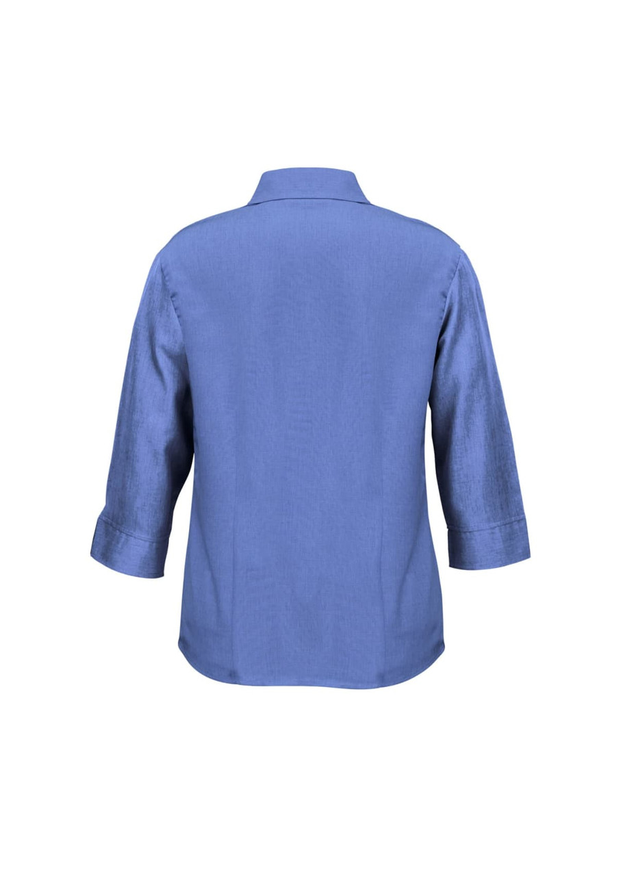 A 3/4 sleeve shirt in a solid blue hue, featuring a collar and a simple design. It has a logo on the back.