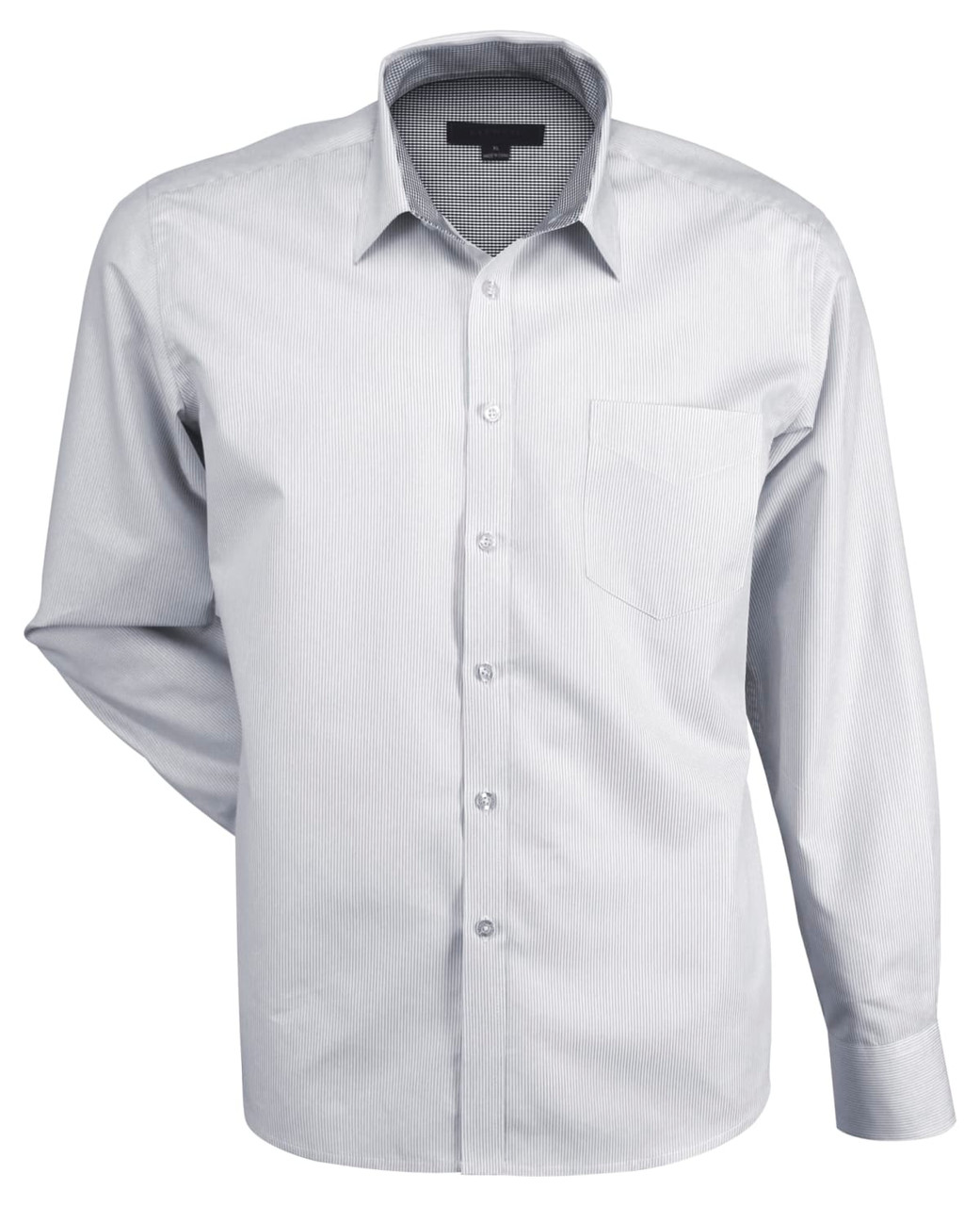 A light grey button-up shirt with a single breast pocket and a branded label.