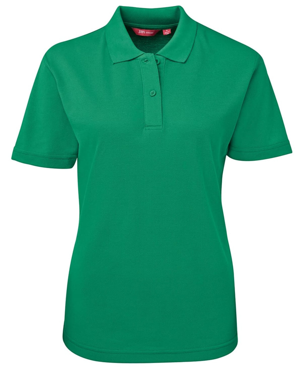 A green polo shirt for women featuring a collar and short sleeves, with a logo on the chest.
