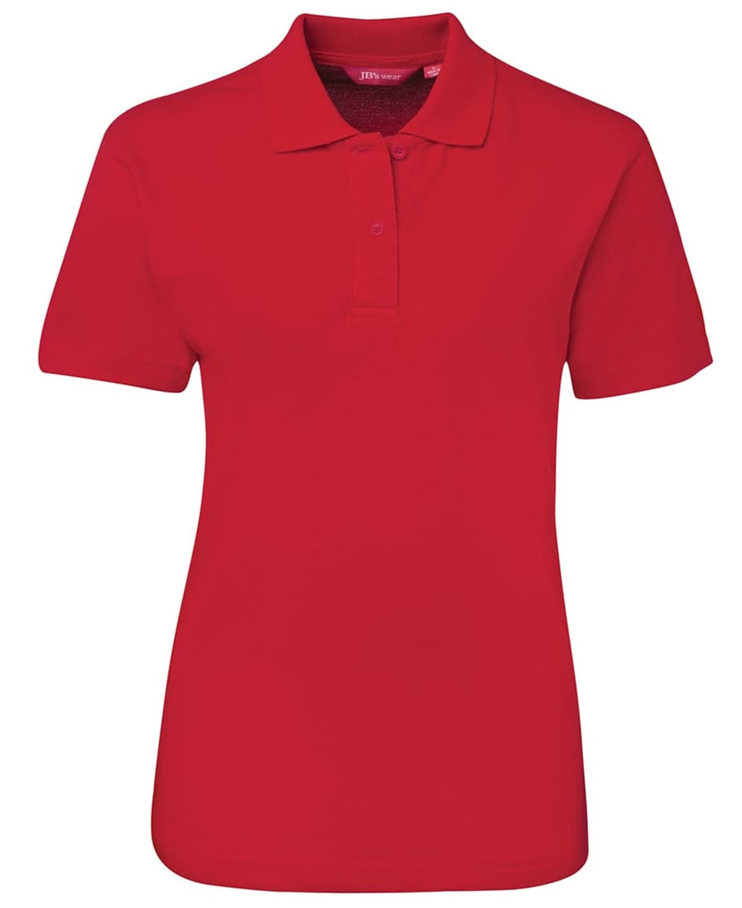 A red polo shirt with a collar and short sleeves, featuring a logo on the chest.
