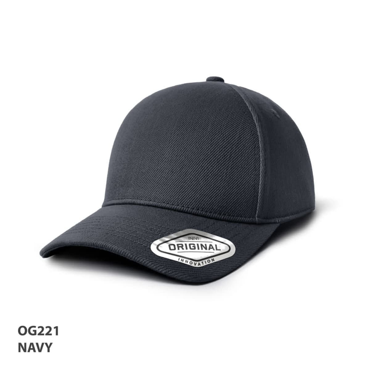 A navy baseball cap with a curved brim and a logo on the front. It features a textured fabric design.