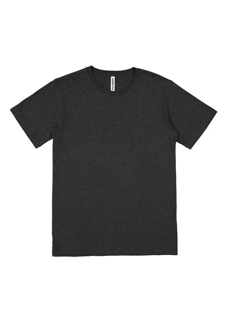 A black short sleeve t-shirt with a round neckline and a logo label on the inside.