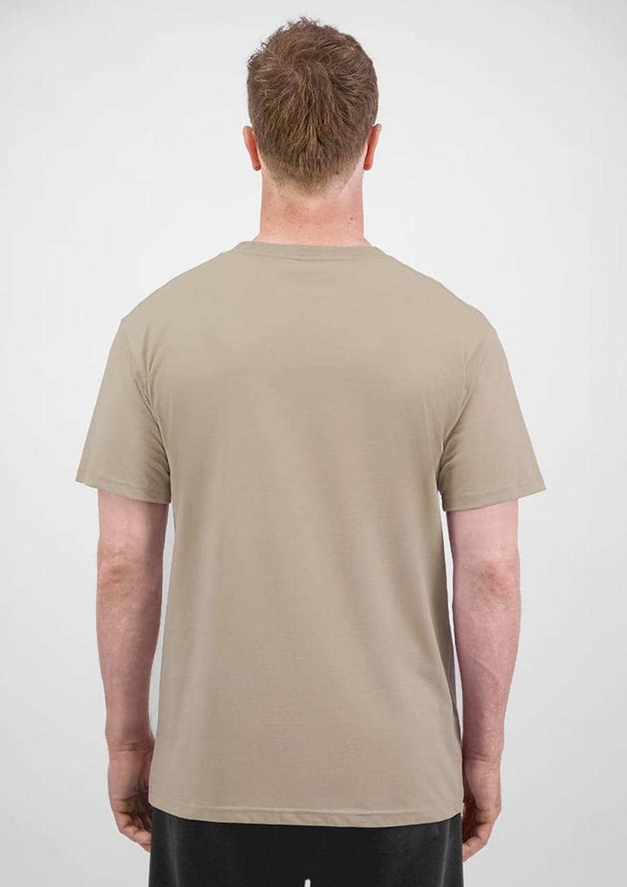 A short sleeve men's t-shirt in a beige colour, featuring a plain back view. The shirt has a logo.