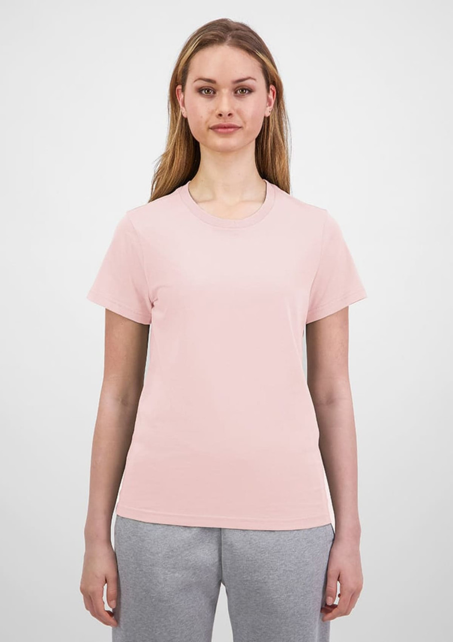 A light pink women's short sleeve tee with a fitted design, featuring a logo on the front.