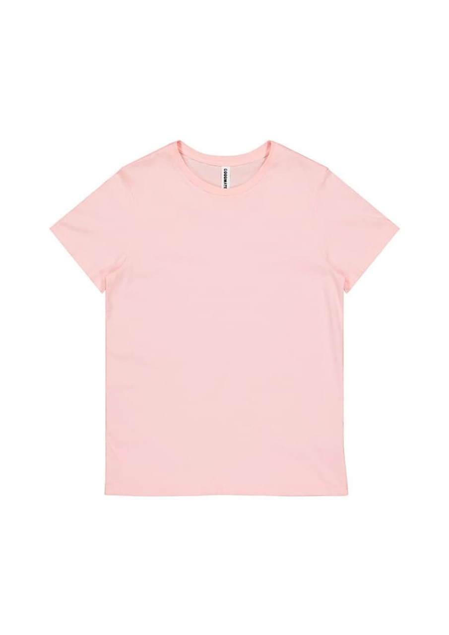 A pink women's short sleeve tee with a basic design and a small brand label inside the collar.