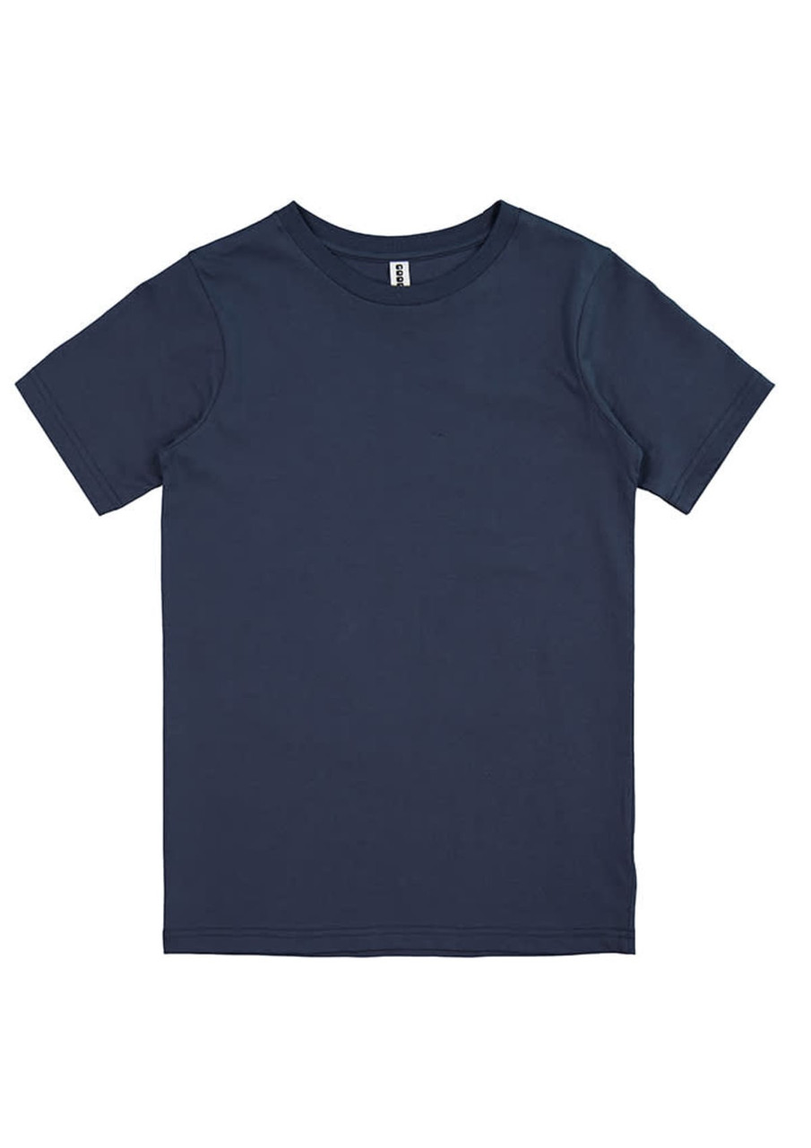 A navy blue kids' short sleeve tee with a round neck and a tag label inside. Features a plain design with no graphics.