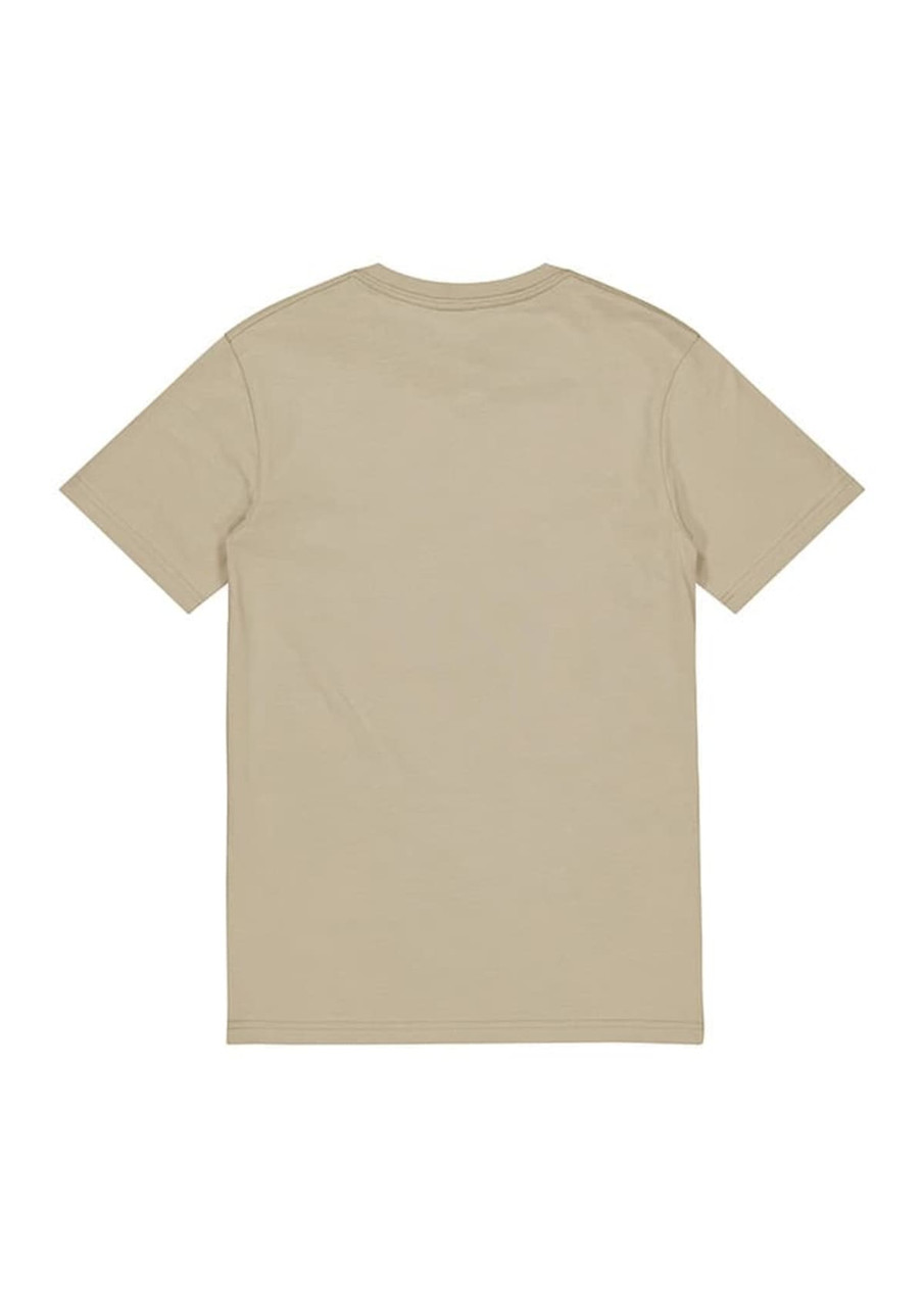 A beige short sleeve tee with a simple design and no visible graphics on the back, featuring a logo.